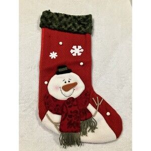 Vintage Snowman Christmas Stocking  - Velvet Cuff Xmas Red And Green